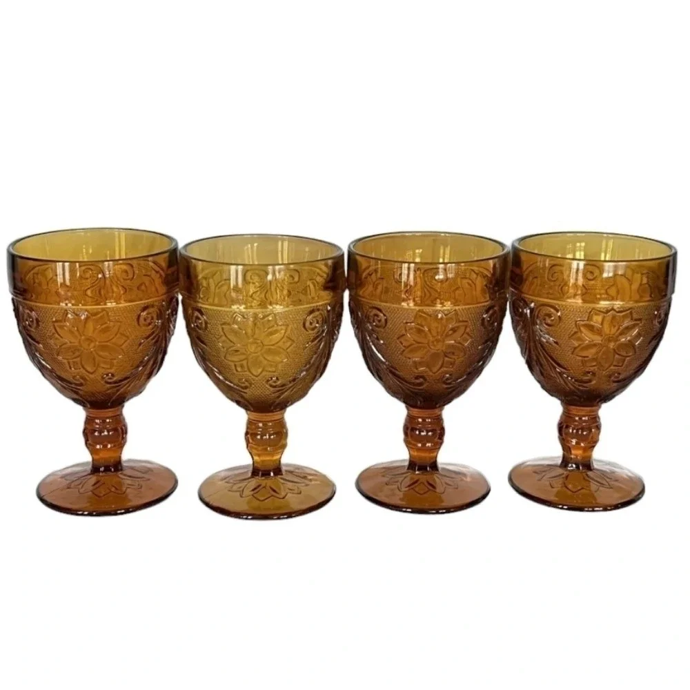 Indiana Glass‎ Tiara Sandwich Amber Water Goblets Set of 4 Floral Embossed MCM